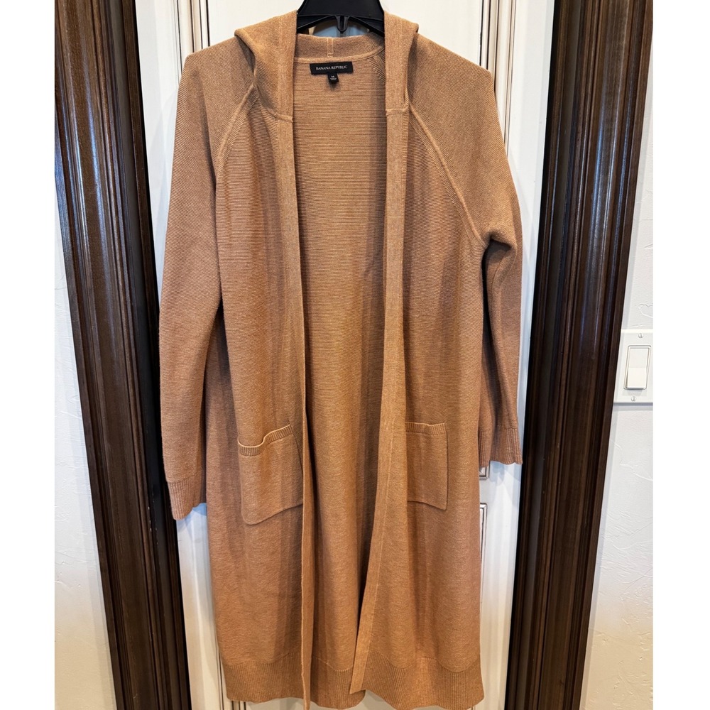 Banana Republic Womens Camel Brown Hooded Longline Cardigan Duster Sweater M